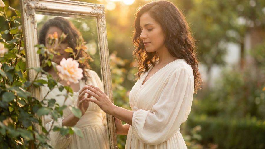 Una mujer en luz suave reflexionando sobre su camino hacia la confianza corporal y el amor propio.