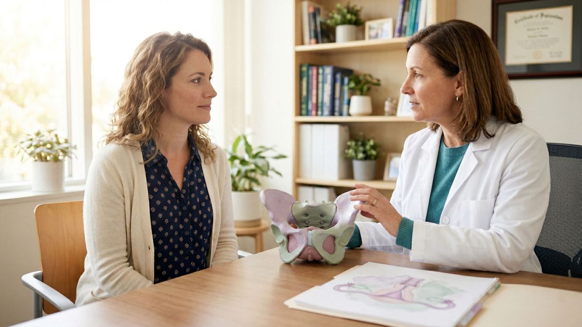 Illustrierte anatomische Darstellung der Klitoris mit klinischen Messbeschriftungen, in sanften Pastelltönen für einen Artikel über Frauengesundheit und Klitoromegalie