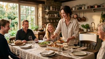 Woman serving a home-cooked family meal at a sunlit table, illustrating how to maintain a healthy weight without dieting.