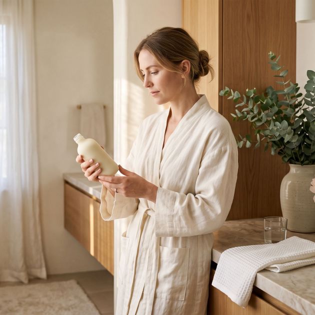 Woman in ivory robe thoughtfully reading a fragrance-free intimate care product label in a sunlit bathroom