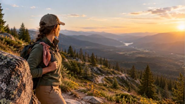 Woman hiker pausing beside a granite boulder on a mountain trail at golden hour with a rose bandana tied to her daypack