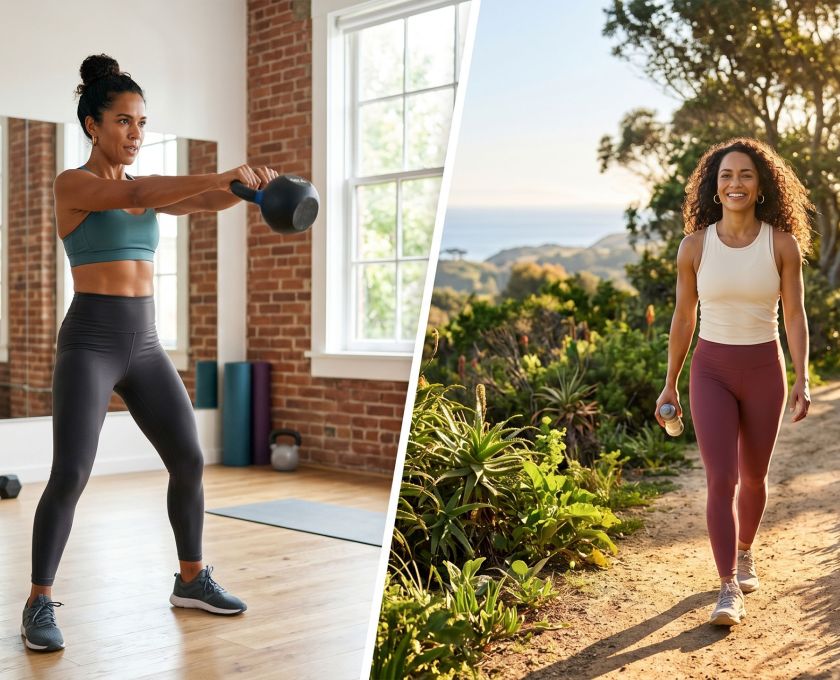 Uma mulher praticando uma rotina equilibrada de treino de força e caminhada ao ar livre para saúde hormonal.