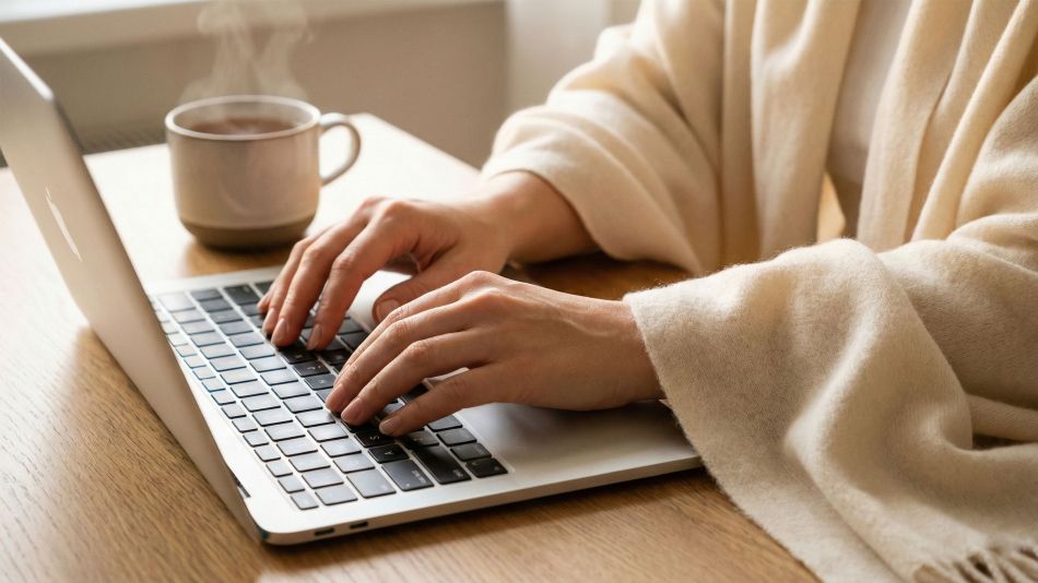 Uma mesa de home office serena e organizada para uma mulher profissional.