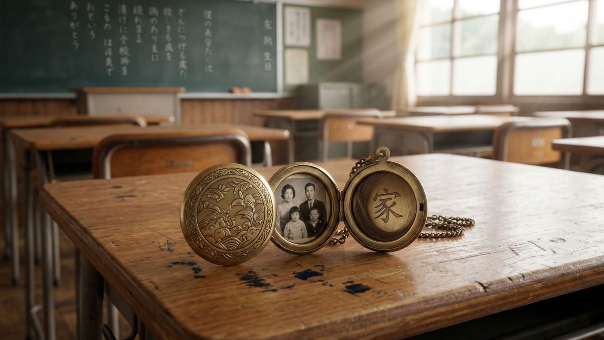 小さな花とヴィンテージのロケットが置かれた木製の机。穏やかで中立的な教育環境を象徴している。