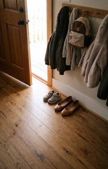 Child's shoes and mother's shoes side by side in a sunlit family entryway