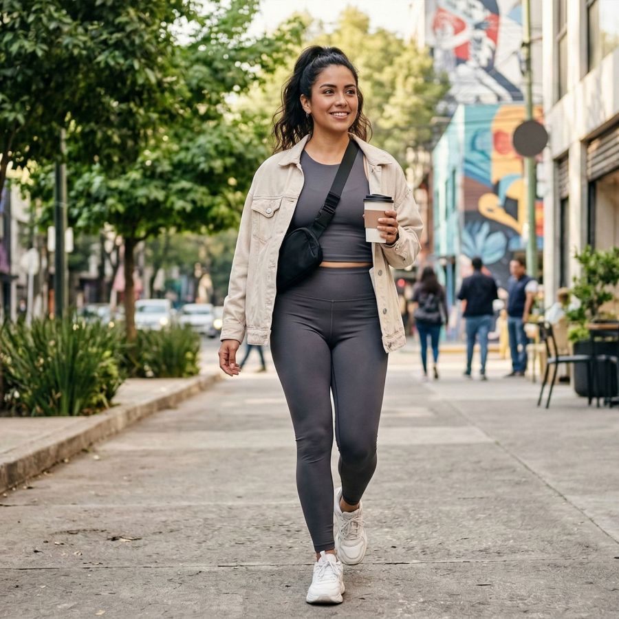 Una mujer elegante camina por una acera urbana con ropa activewear verde oliva y una chaqueta beige.