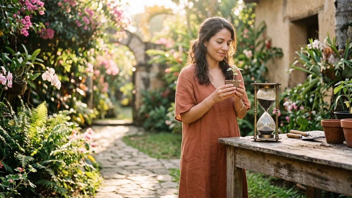 Una mujer moderna reflexiona sobre las estaciones naturales de la vida y la fertilidad.