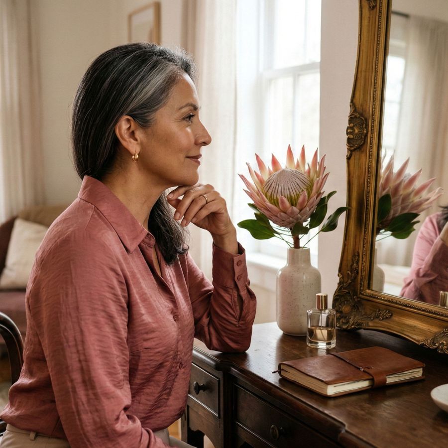 Una mujer madura y elegante reflexionando sobre su recorrido y cambios físicos.