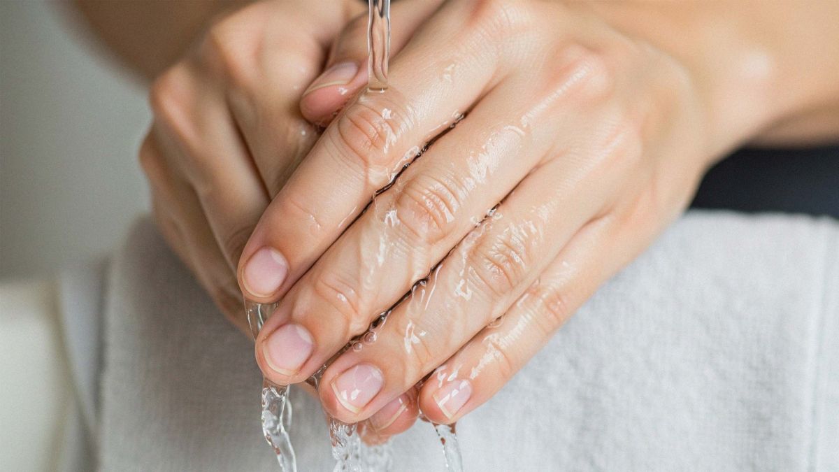 Hände und weiches Handtuch, die sanfte Intimhygiene zeigen