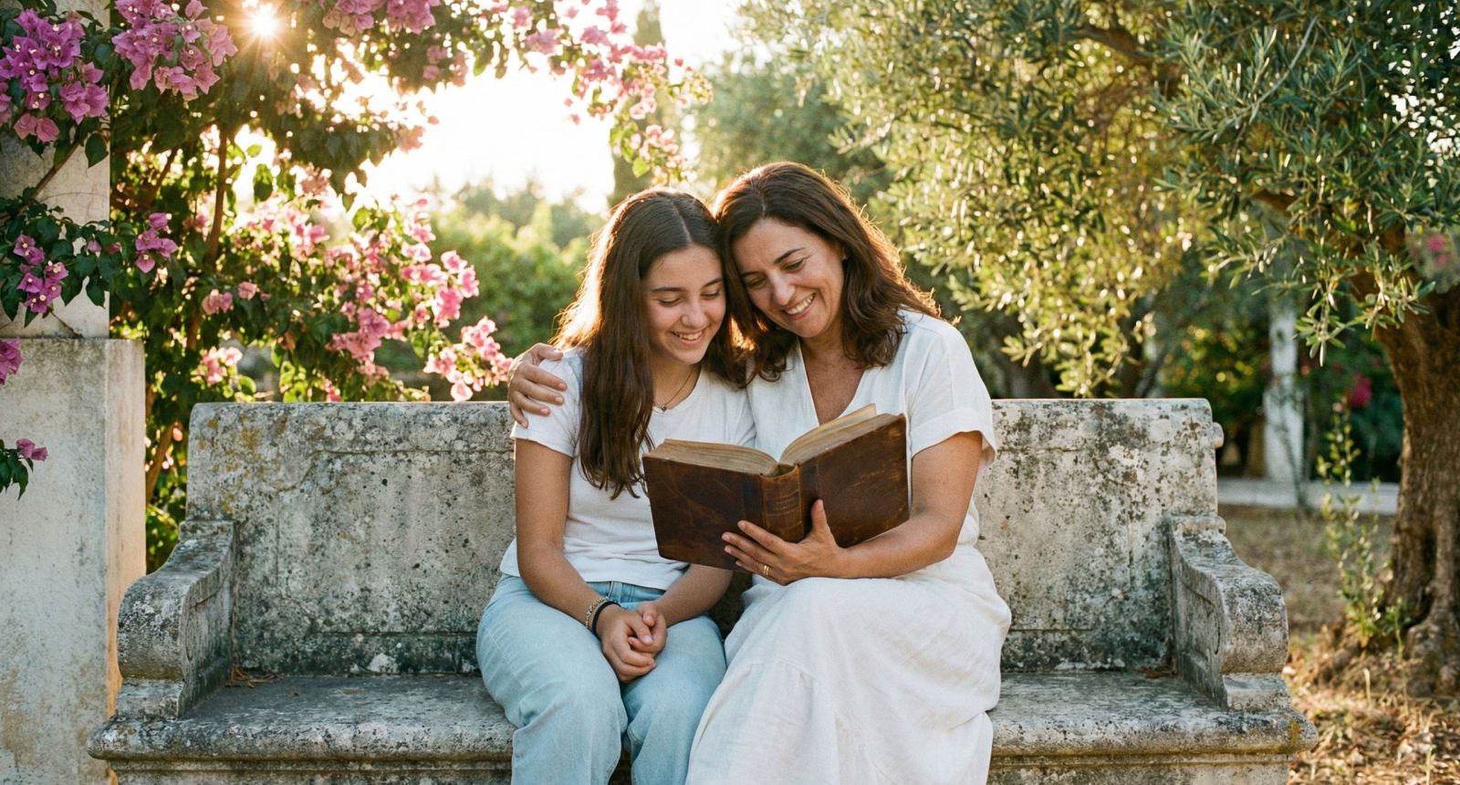 Uma mãe ensinando valores tradicionais à sua filha em um ambiente tranquilo.