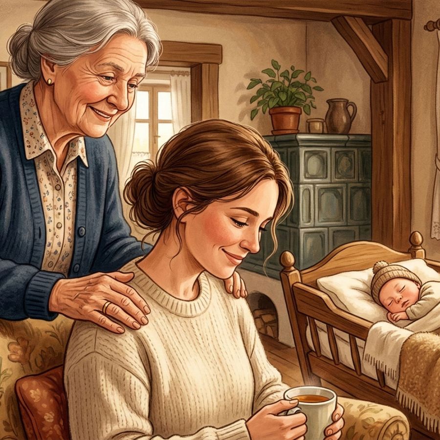 Eine Großmutter unterstützt eine neue Mutter und ihr Baby in einer warmen häuslichen Umgebung.
