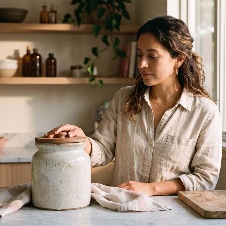 Mujer vestida de lino en una encimera de cocina iluminada por el sol con una vasija de fermentación, ilustrando las bacterias del ácido láctico detrás del microbioma vaginal