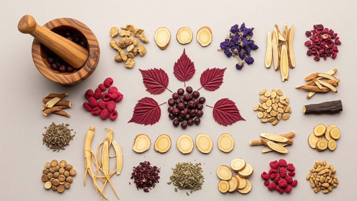 Una colección de hierbas secas como el sauzgatillo y la hoja de frambuesa utilizadas para apoyar la salud hormonal de la mujer.