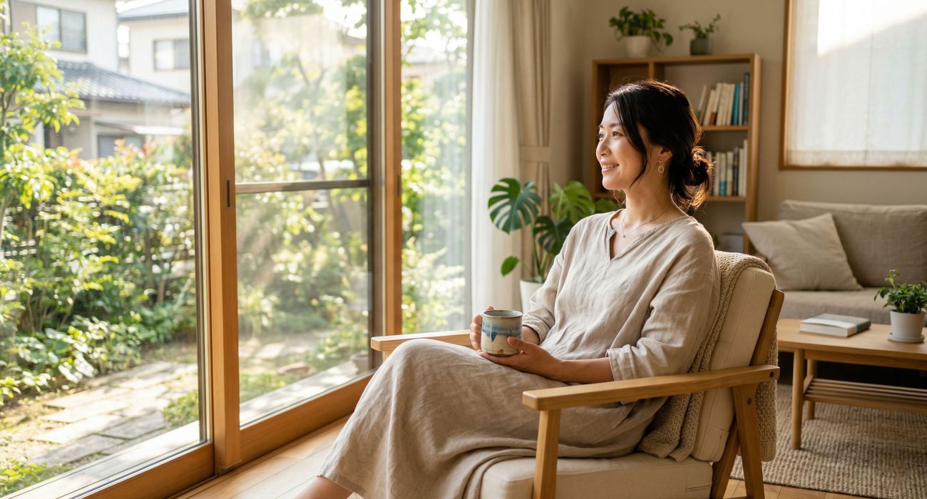 明るく清潔な家で静かな時間を楽しむ穏やかな女性。