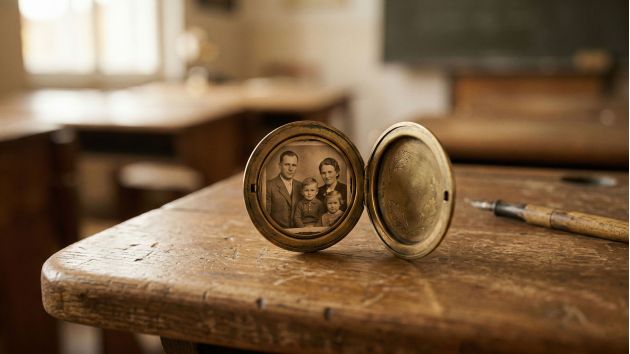 Ein klassischer Holzschultisch mit einer kleinen Blume und einem alten Medaillon, Symbol für ein ruhiges und neutrales Lernumfeld.