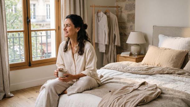 Mulher relaxando na cama, representando os hábitos e preferências de roupas para dormir das mulheres