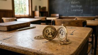 A classic wooden school desk with a small flower and a vintage locket, representing a calm and neutral educational environment.
