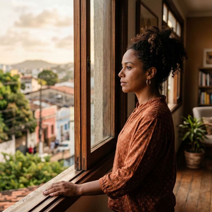 Uma mulher pensativa olhando pela janela em um ambiente doméstico acolhedor.