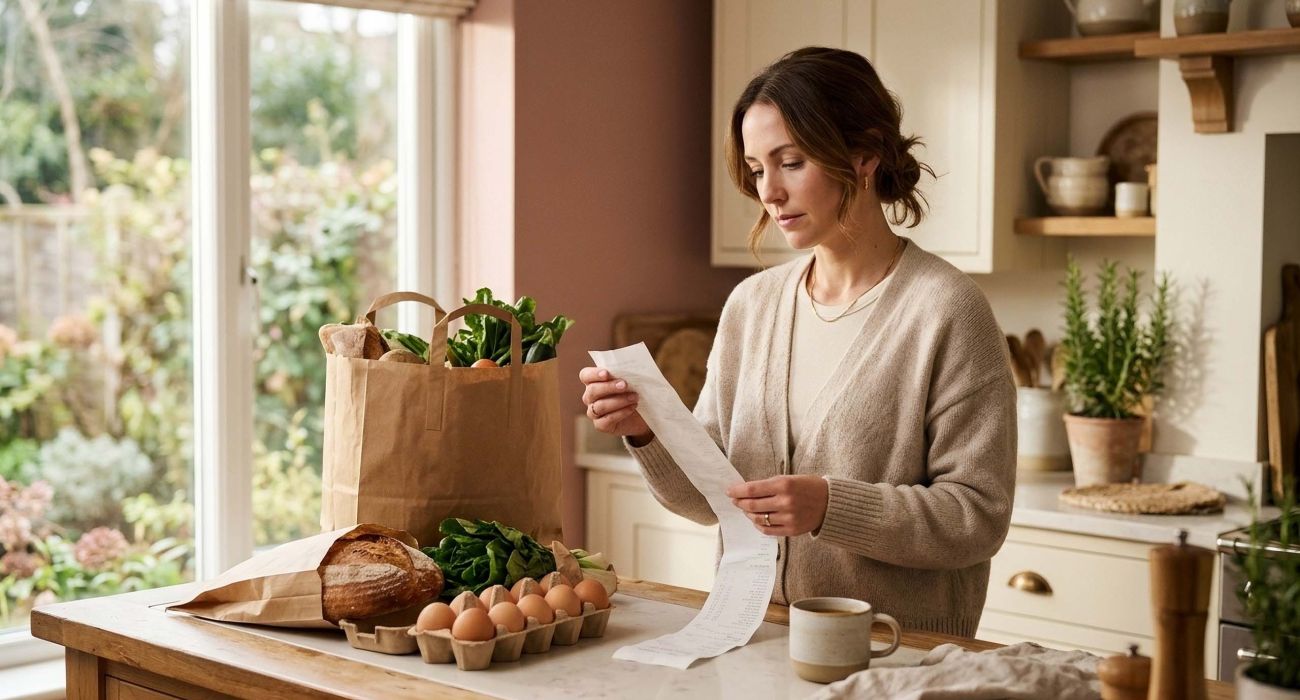 Woman reading a long grocery receipt at her kitchen counter, reflecting on why people vote against their own interests