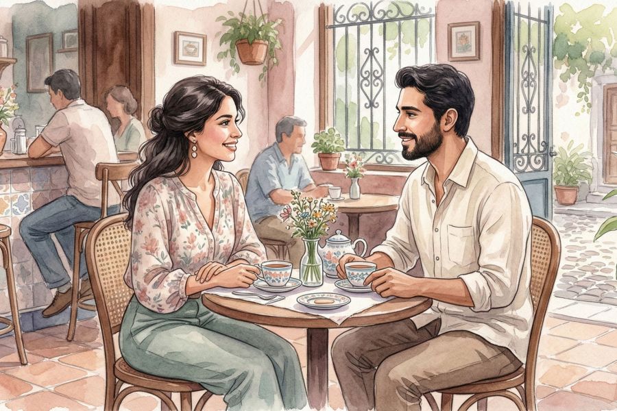 Un hombre y una mujer en una primera reunión respetuosa mostrando señales no verbales positivas.