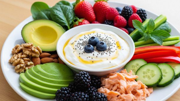 Surtido de alimentos nutritivos que apoyan la salud vaginal y el equilibrio del microbioma