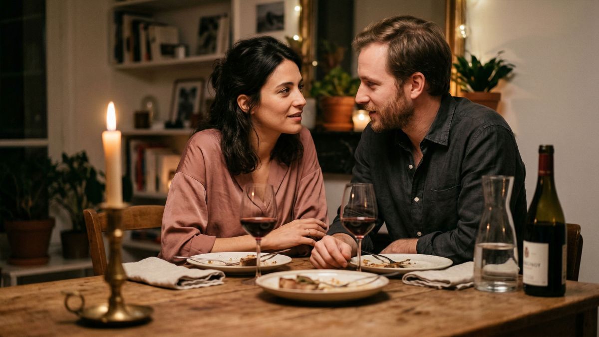 Un couple partageant un dîner chaleureux aux chandelles à la maison, riant et se rapprochant dans une connexion sincère