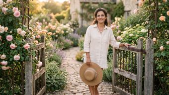 Mulher serena vestindo linho diante de um portão de jardim coberto de rosas sob a luz dourada durante um fim de semana sem telas para cultivar uma mentalidade positiva.