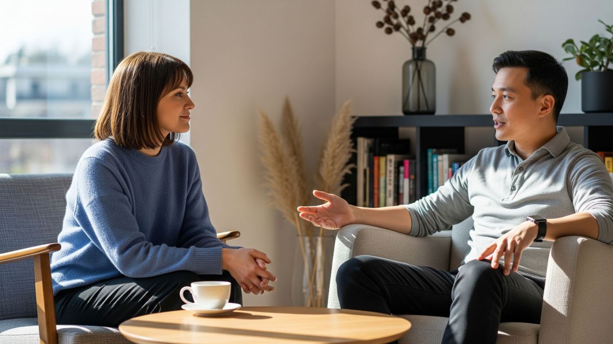Deux personnes engagées dans une conversation calme et respectueuse sur l'établissement de limites dans leur relation.