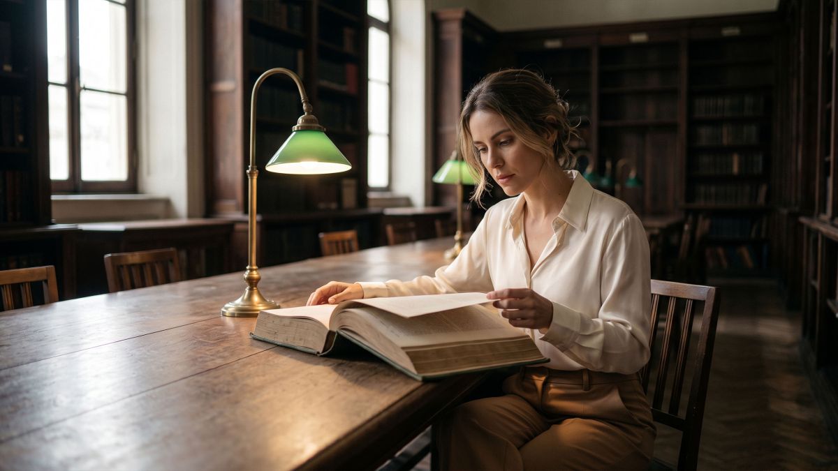 Mulher pesquisando a história da anatomia feminina em antigos livros médicos em uma mesa iluminada de uma biblioteca de arquivo