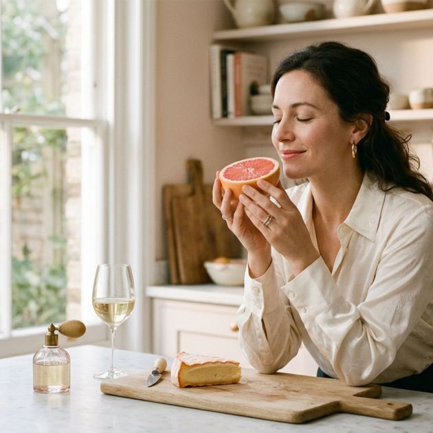 Woman breathing in the scent of a grapefruit at a sunlit kitchen counter beside wine and cheese, illustrating the chemistry of human scent