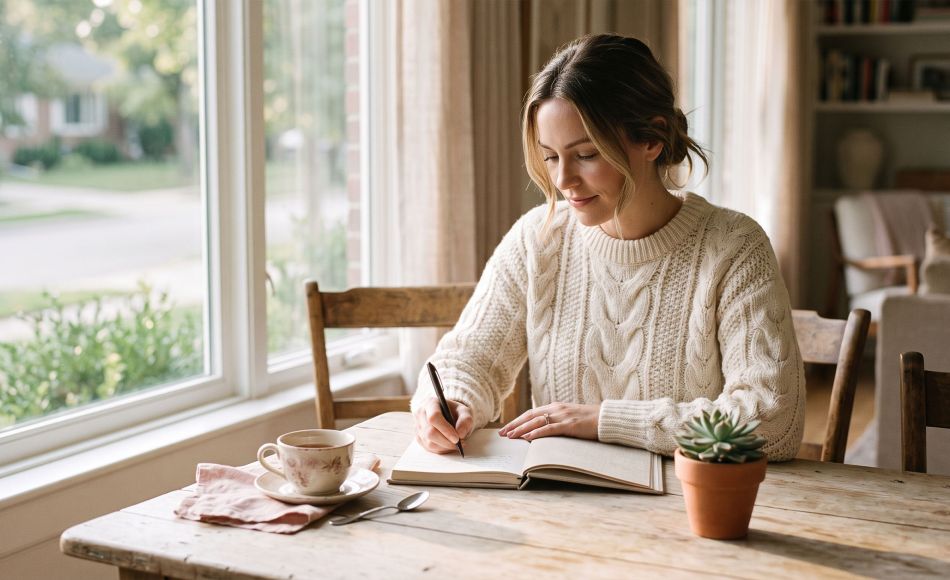 Woman journaling her menstrual cycle by a sunlit window for natural body literacy