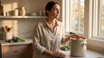 Woman in linen at a sunlit kitchen counter with a fermentation crock, illustrating the lactic acid bacteria behind the vaginal microbiome