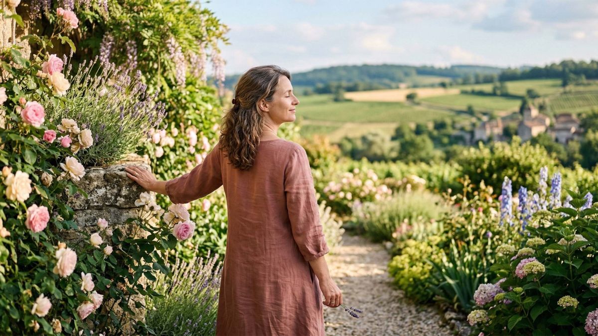 Eine nachdenkliche Frau in einem sonnigen Garten, die den Übergang und die Ruhe der Wechseljahre symbolisiert.
