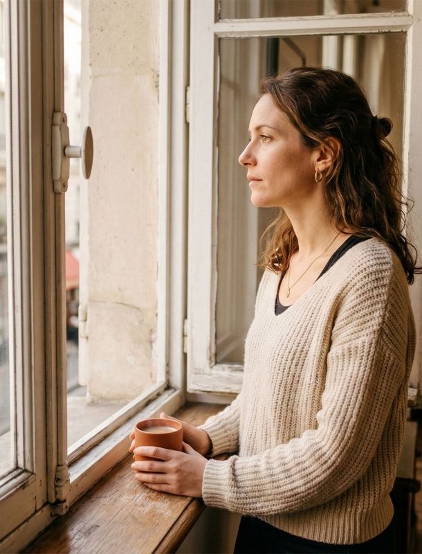 Une femme réfléchie regardant par la fenêtre dans un intérieur chaleureux.