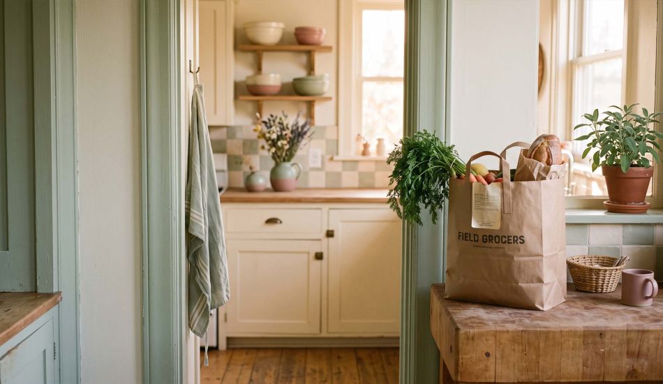 Entrada de una cocina iluminada por el sol con una bolsa de compras y dos tazas de café, simbolizando una conversación sincera entre madre e hija.