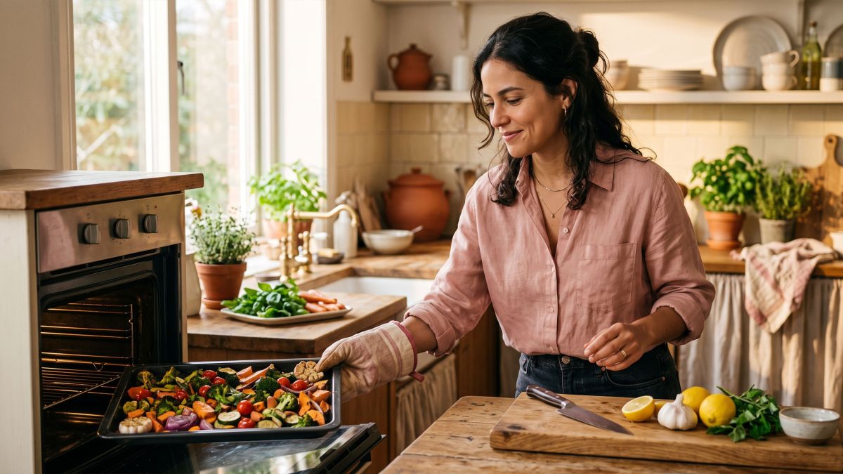 Mulher em uma cozinha iluminada pela luz do sol retirando uma assadeira com legumes assados do forno enquanto aprende a cozinhar em casa.