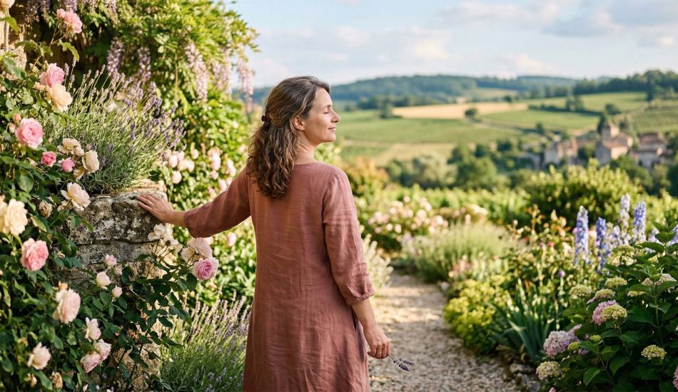 Una mujer reflexiva en un jardín iluminado por el sol que simboliza la transición y la paz de la menopausia.