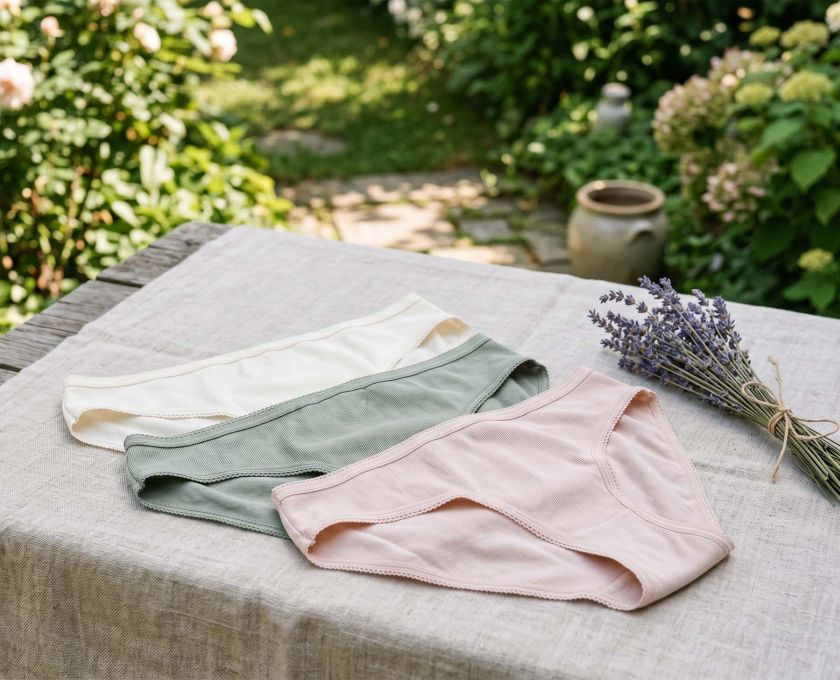 Neatly folded breathable cotton underwear in soft neutral colors on a white linen background.