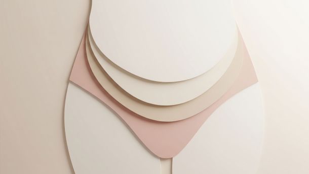 Image abstraite avec des formes douces et superpos&eacute;es repr&eacute;sentant le soin d&eacute;licat pour la peau sensible de la vulve.