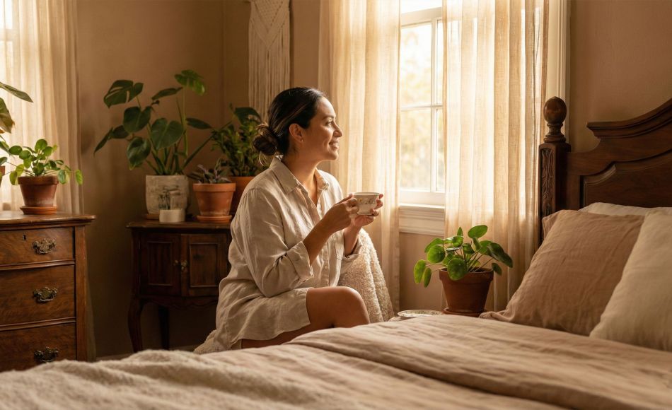 Una mujer serena en una habitación suavemente iluminada, representando la receptividad femenina y la armonía biológica.