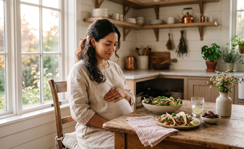 Mujer embarazada en una cocina iluminada por el sol junto a una ensalada, tacos y dátiles que representan los mitos para inducir el parto