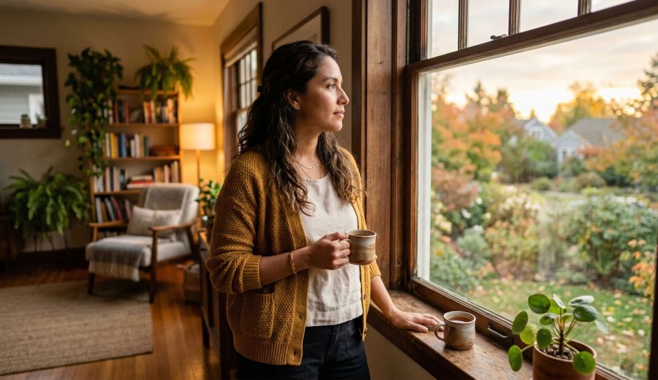 Una mujer pensativa mirando por una ventana en un hogar cálido.