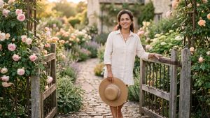 Mulher serena vestindo linho diante de um portão de jardim coberto de rosas sob a luz dourada durante um fim de semana sem telas para cultivar uma mentalidade positiva.