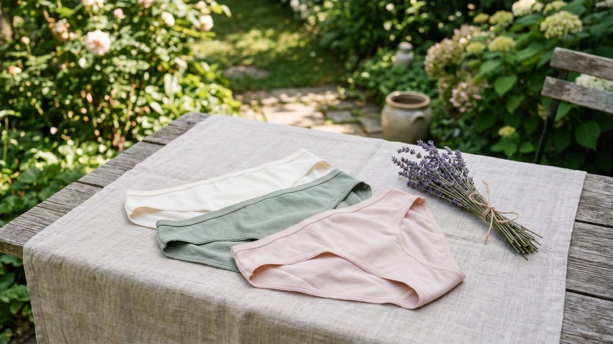 Neatly folded breathable cotton underwear in soft neutral colors on a white linen background.