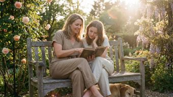 A mother teaching her daughter traditional values in a peaceful setting.