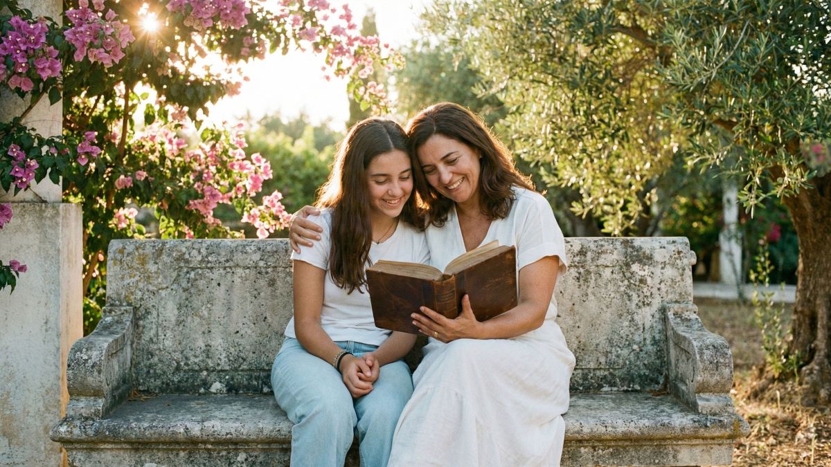 Uma mãe ensinando valores tradicionais à sua filha em um ambiente tranquilo.