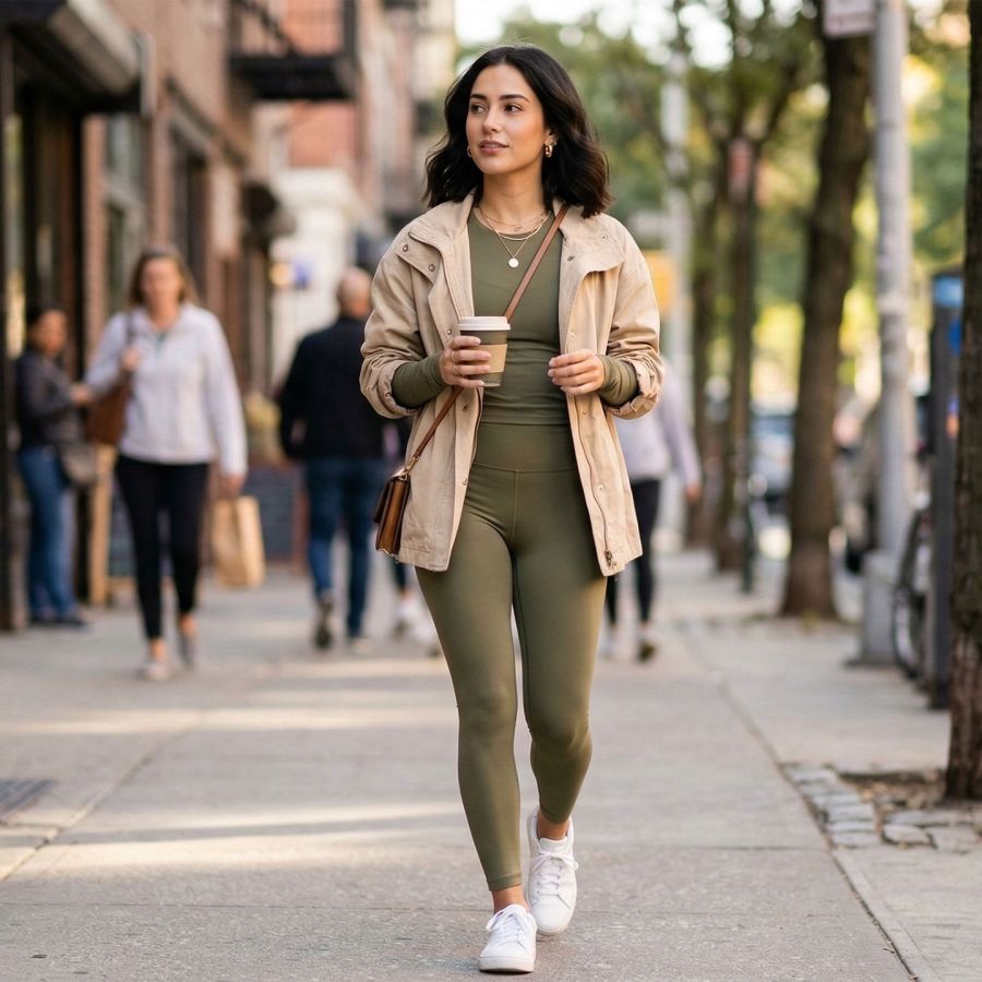 A stylish woman walking down a city sidewalk wearing olive green activewear and a beige jacket.