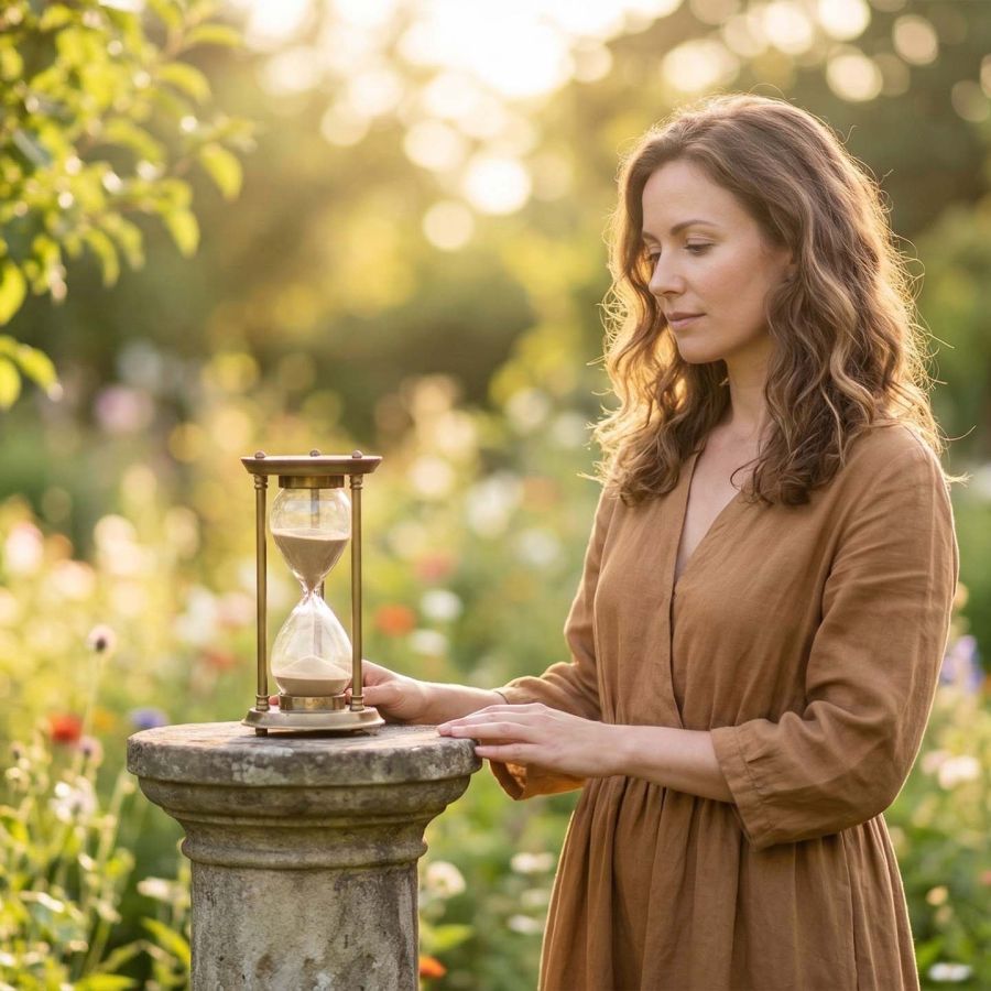 A modern woman reflecting on the natural seasons of life and fertility.