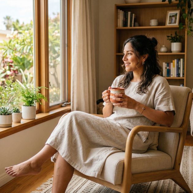 Una mujer tranquila disfrutando de un momento de calma en un hogar limpio y luminoso.