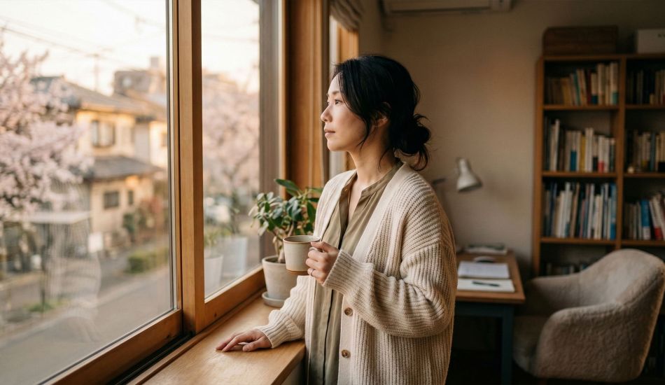 暖かい家庭の室内で窓の外を見つめる思慮深い女性。